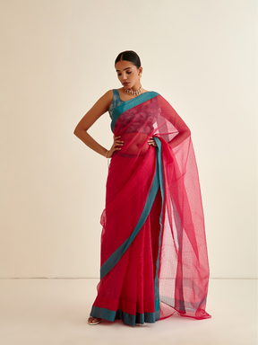Banarasi woven sari with contrasting border- Ruby Pink