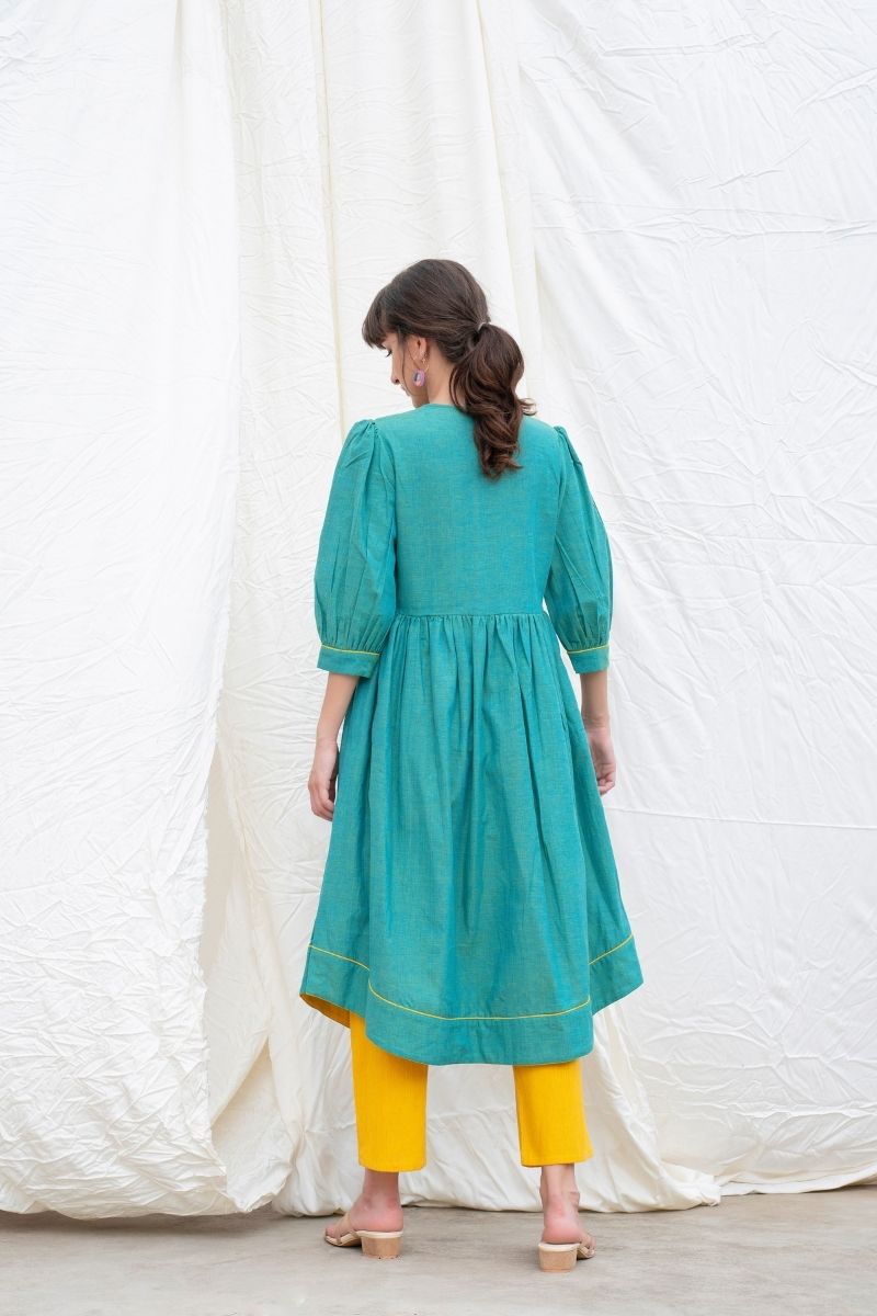 Persian Green Mangalgiri Gathered Kurta With Pants