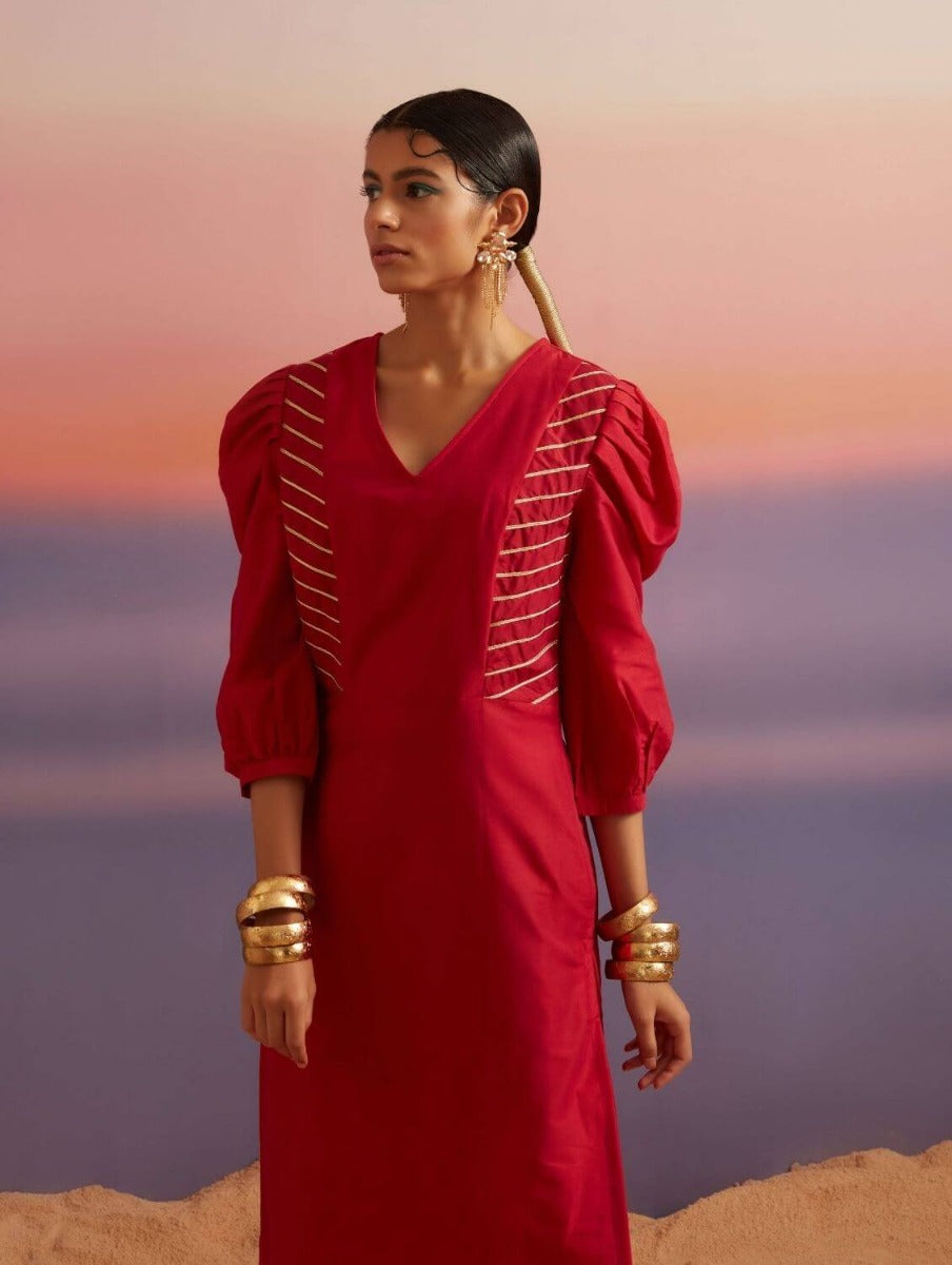 Coral Red Banarasi Straight Kurta With Afghani Pants