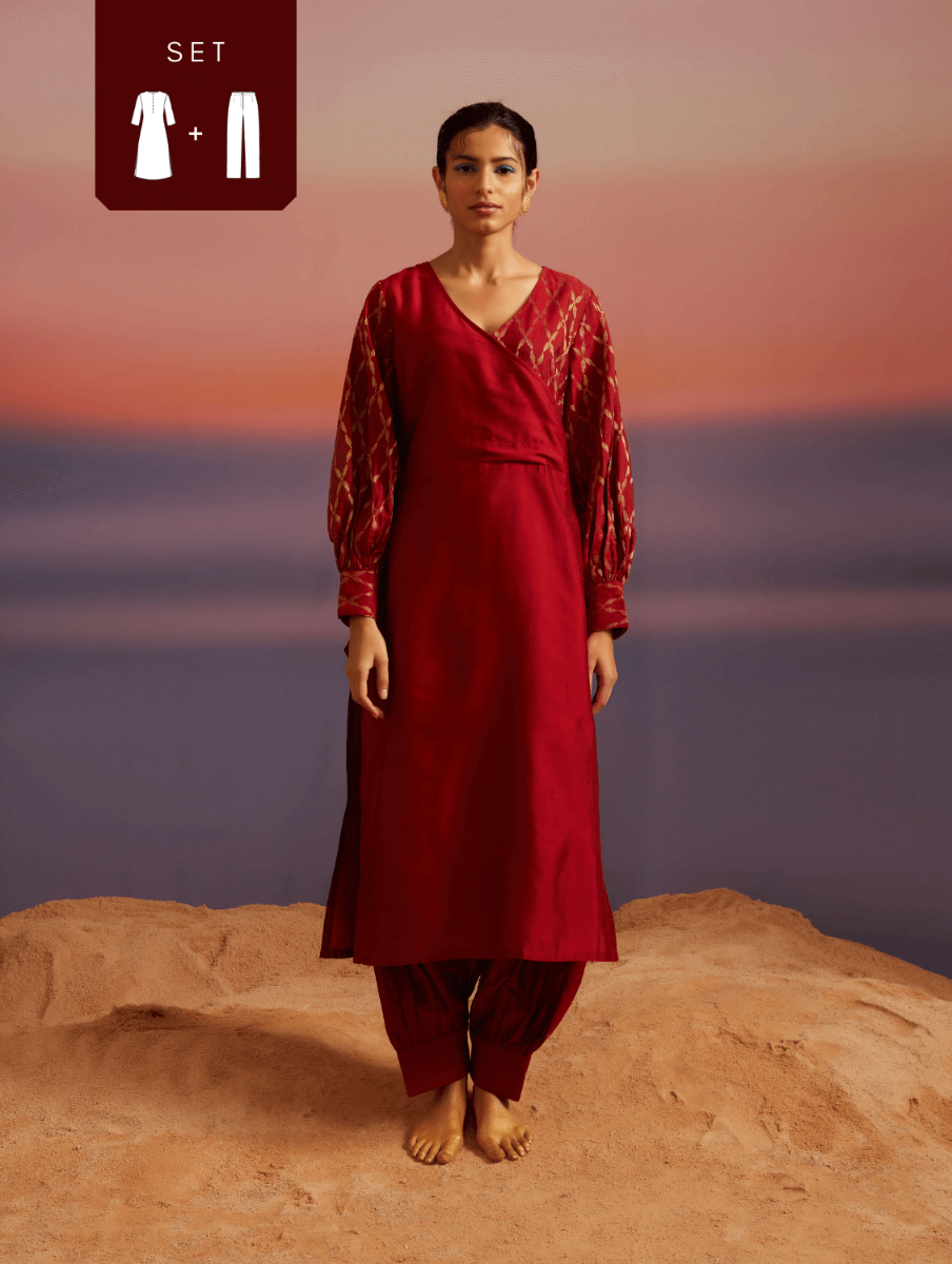 Coral Red Banarasi Kurta Set With Pathani Pants