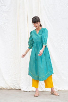 Persian Green Mangalgiri Gathered Kurta With Pants