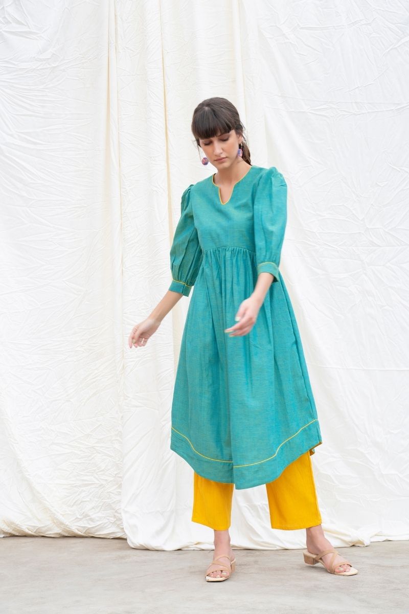 Persian Green Mangalgiri Gathered Kurta With Pants