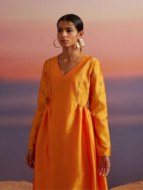 Coral Orange Banarasi Kurta With Afghani Pants