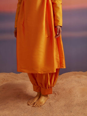 Coral Orange Banarasi Kurta With Afghani Pants