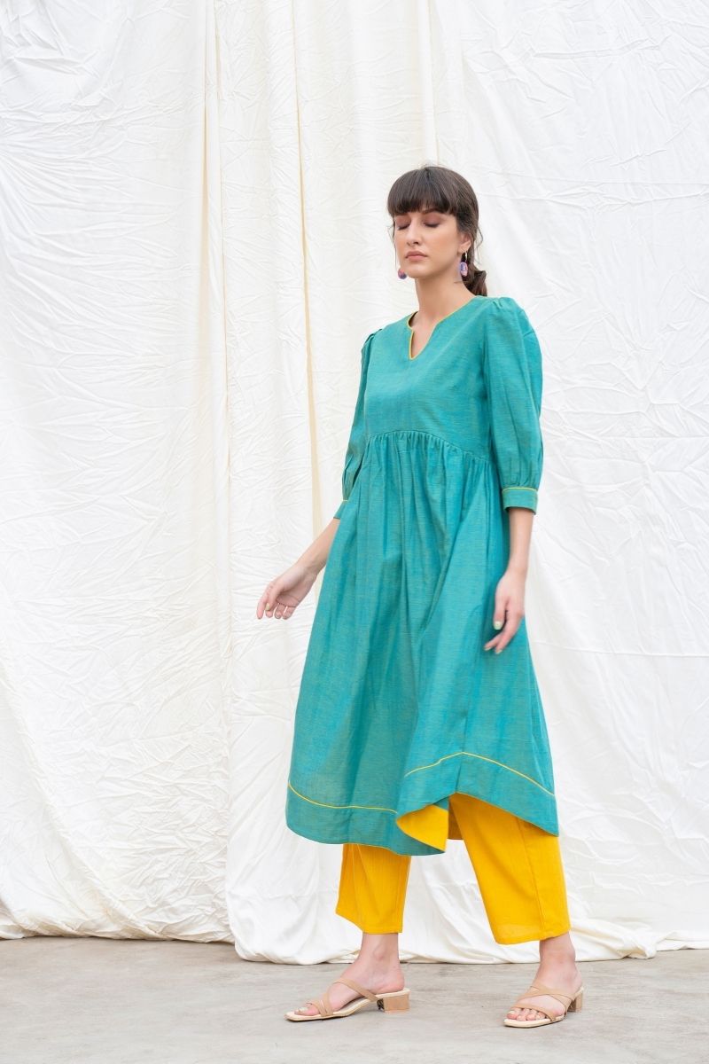 Persian Green Mangalgiri Gathered Kurta With Pants