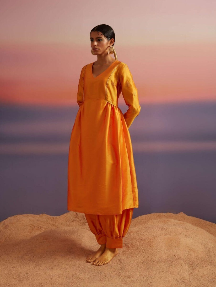 Coral Orange Banarasi Kurta With Afghani Pants