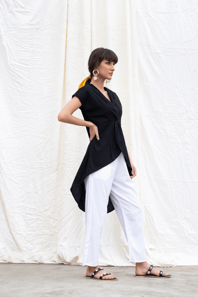 Midnight Black Mangalgiri High-Low Tunic With Pants