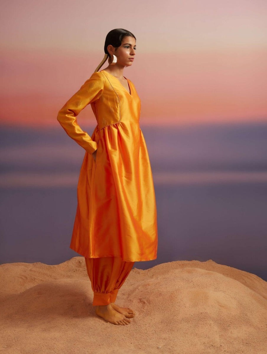 Coral Orange Banarasi Kurta With Afghani Pants