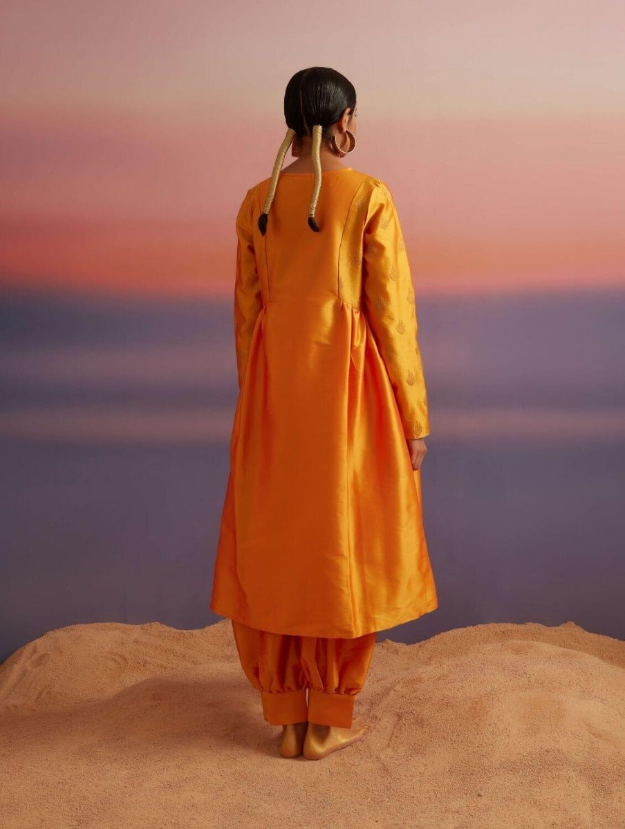 Coral Orange Banarasi Kurta With Afghani Pants