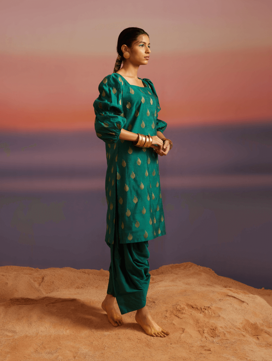 Coral Green Banarasi Kurta With Afghani Salwar