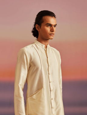 Men Ivory Button Down Banarasi Kurta With Pathani Pants