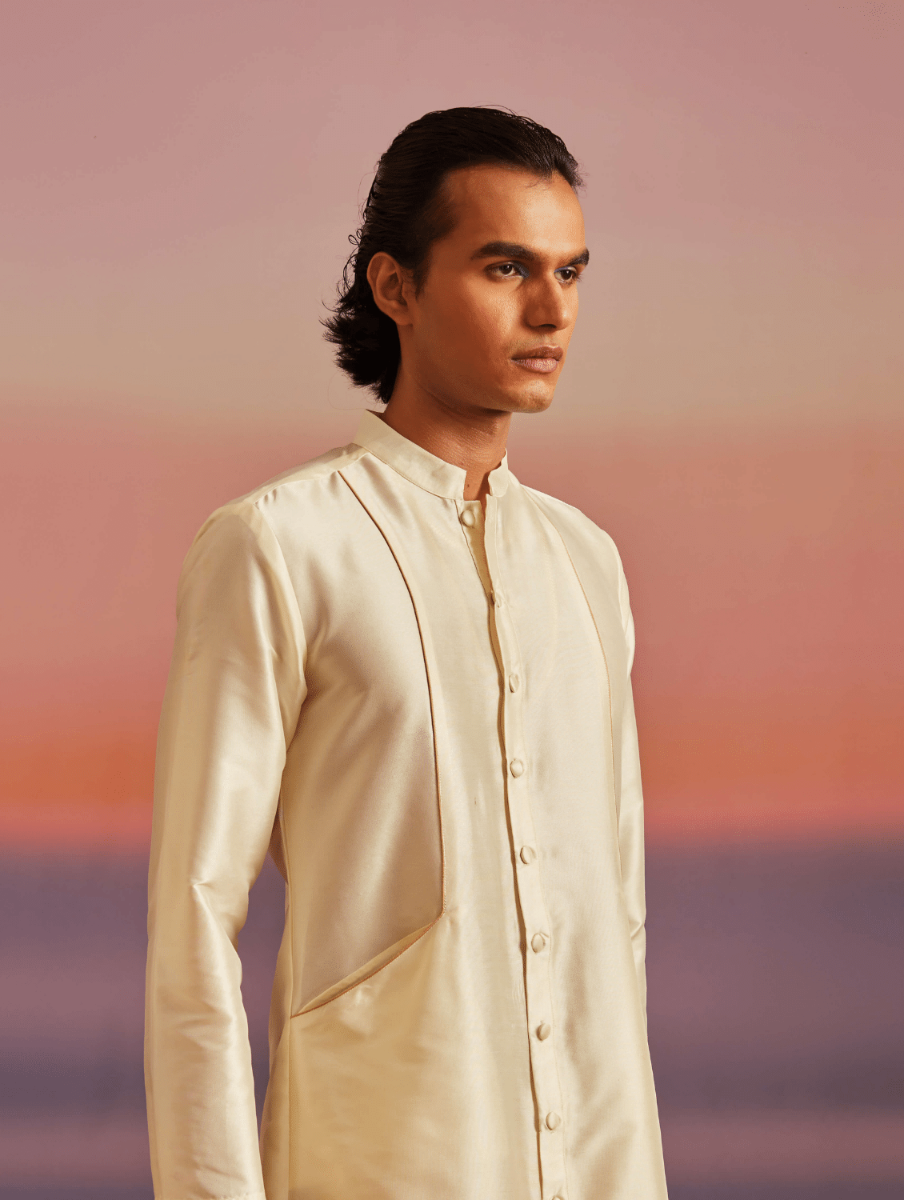 Men Ivory Button Down Banarasi Kurta With Pathani Pants