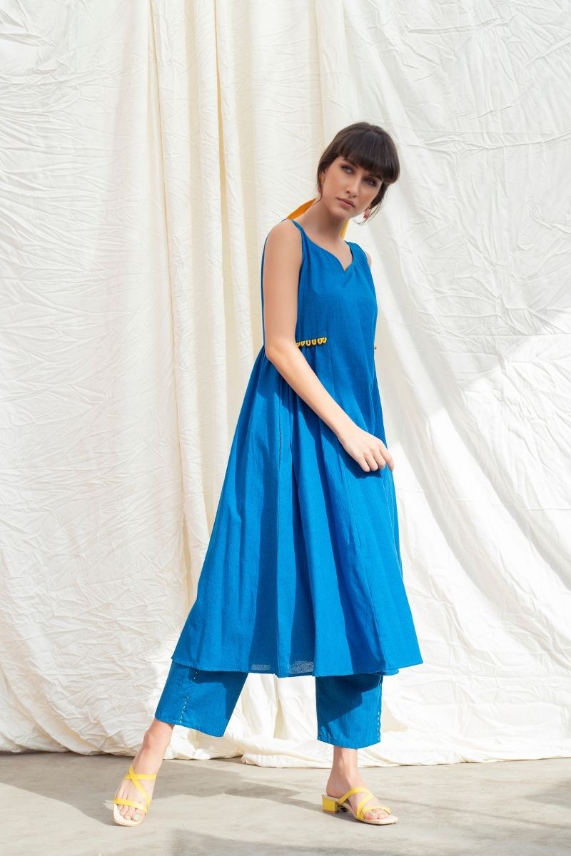 Cobalt Blue Mangalgiri Gathered Kurta With Pants