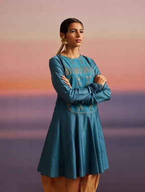 Coral-Blue Banarasi Kurti with Churidar Sleeves