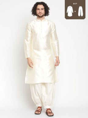 Men Ivory Mandarin Collar Banarasi Kurta and Pathani Pants