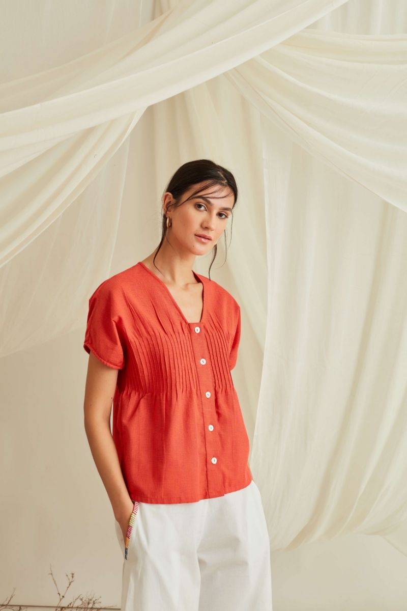 Pintucked button down top-Orange Rust