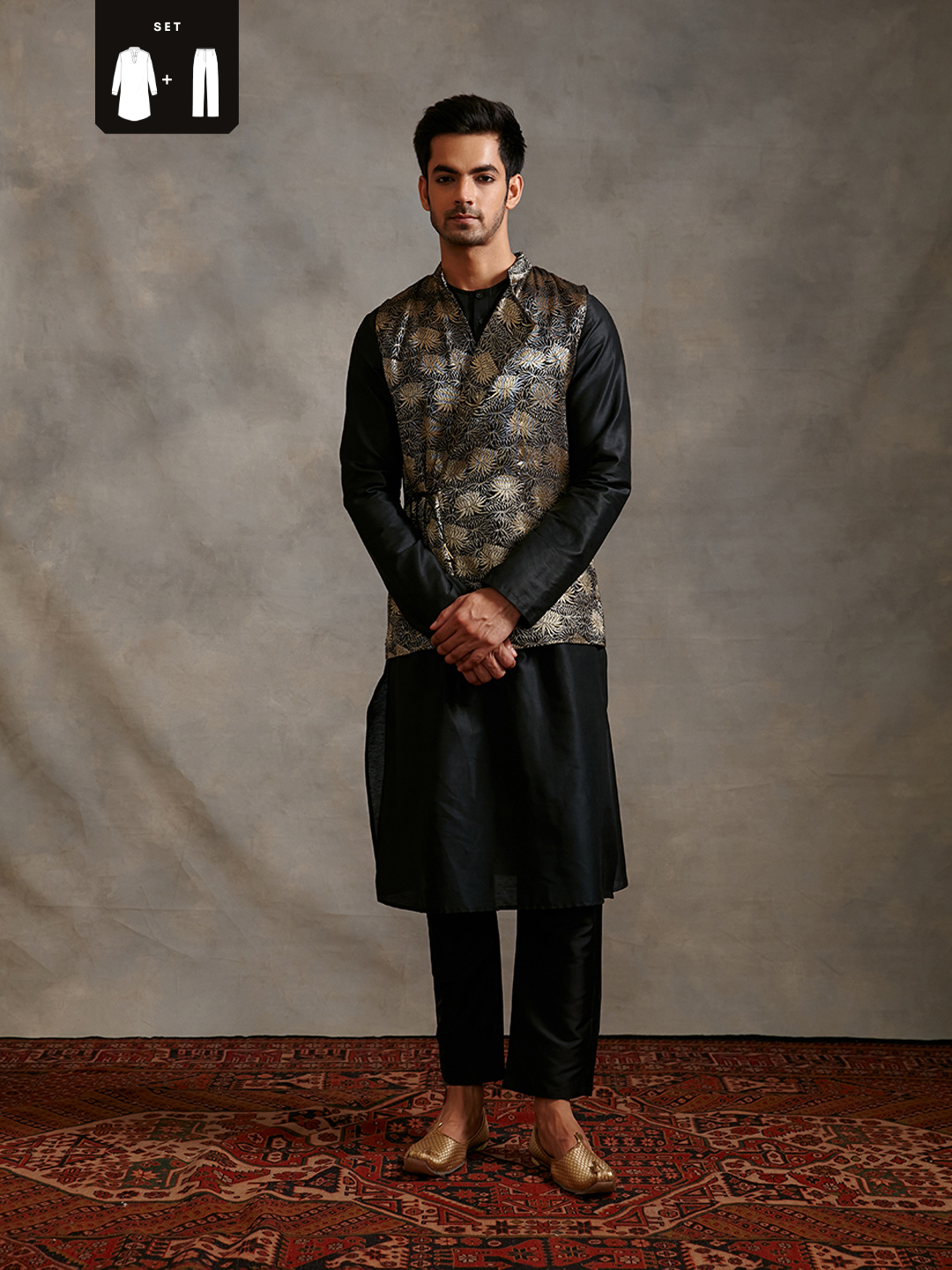 Banarasi kurta with overlapped zari jacket & straight pants-metallic black