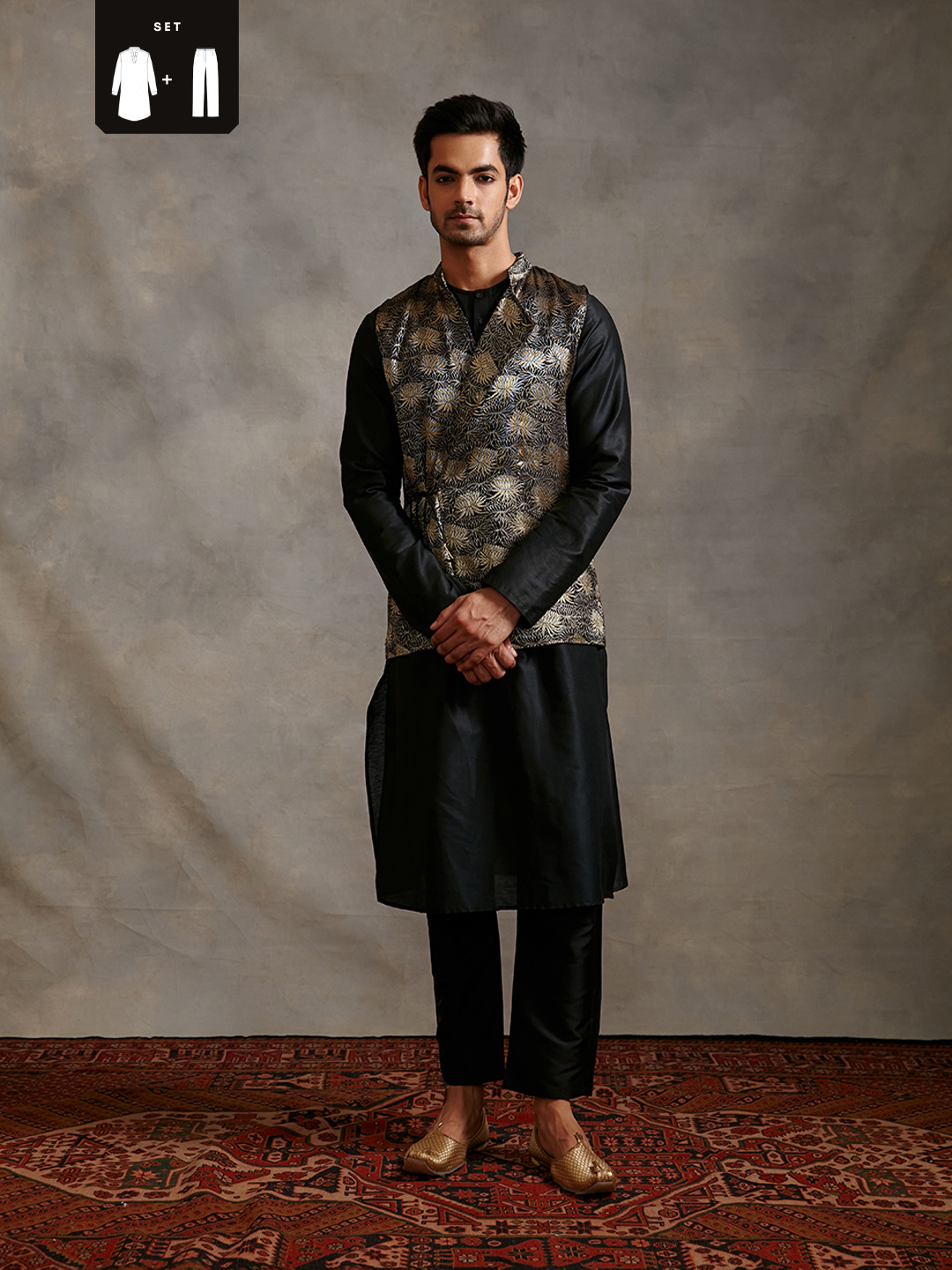 Banarasi kurta with overlapped zari jacket Set - metallic black