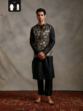 Banarasi kurta with overlapped zari jacket & straight pants-metallic black