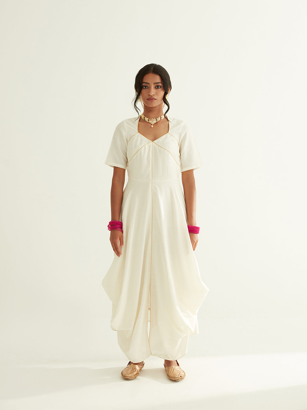 Banarasi flared cowl dress with golden highlights