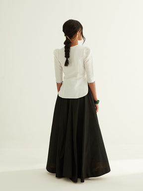 Short kurti with pointed U-neck paired with circular skirt