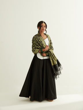 Short kurti with pointed U-neck paired with circular skirt