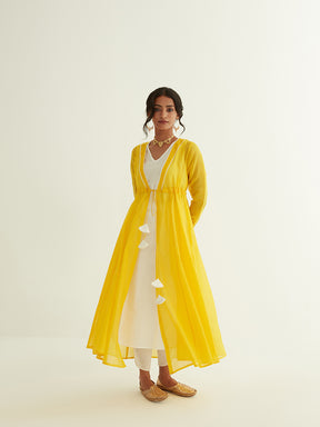Panelled chanderi jacket & kurta with dori tie-up paired with tulip pants