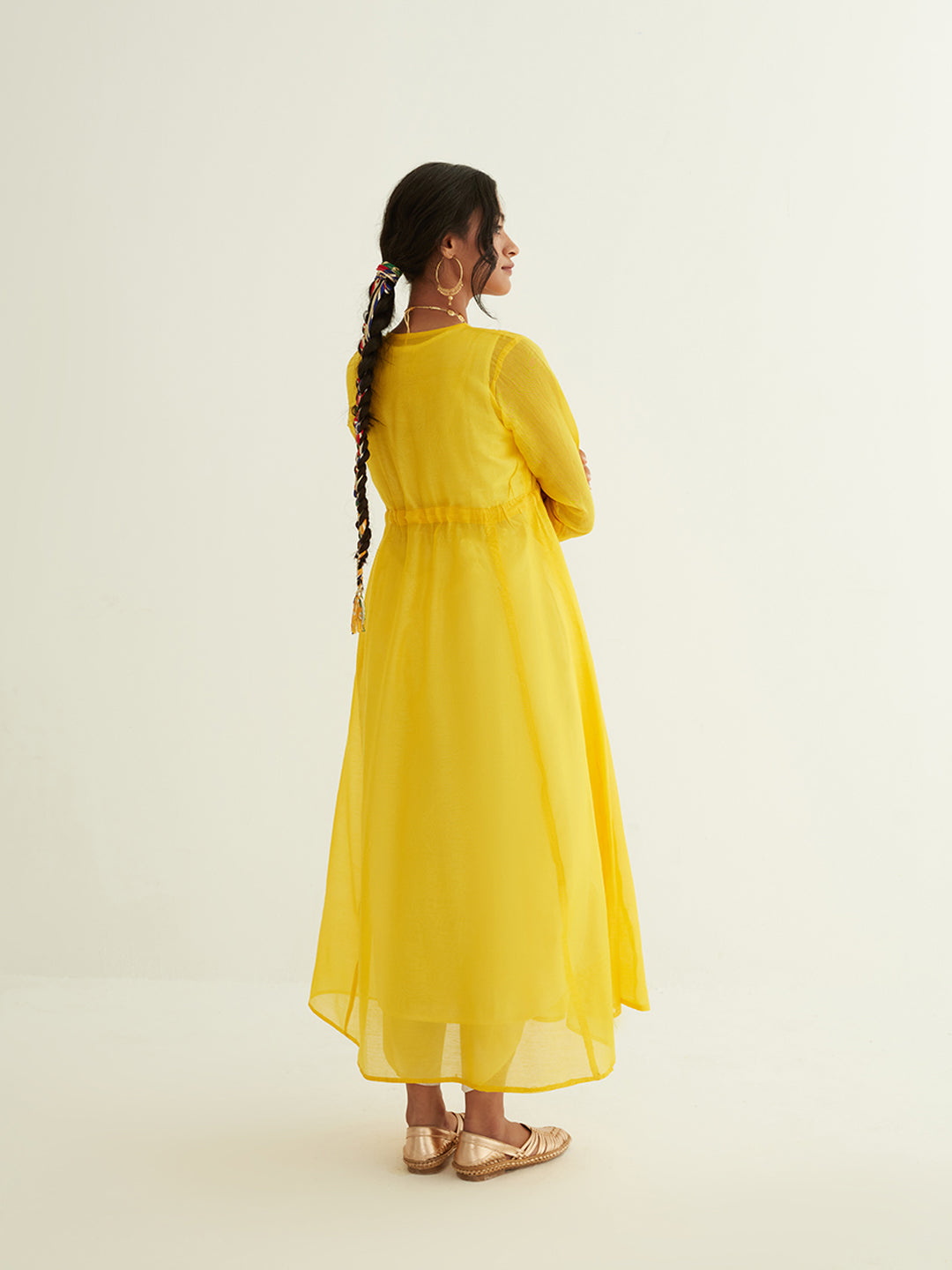 Panelled chanderi jacket & kurta with dori tie-up paired with tulip pants