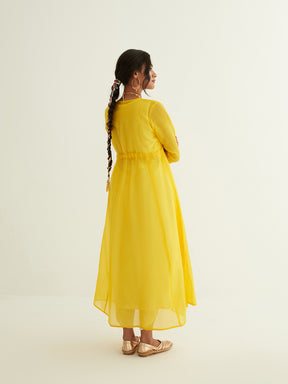 Panelled chanderi jacket & kurta with dori tie-up paired with tulip pants