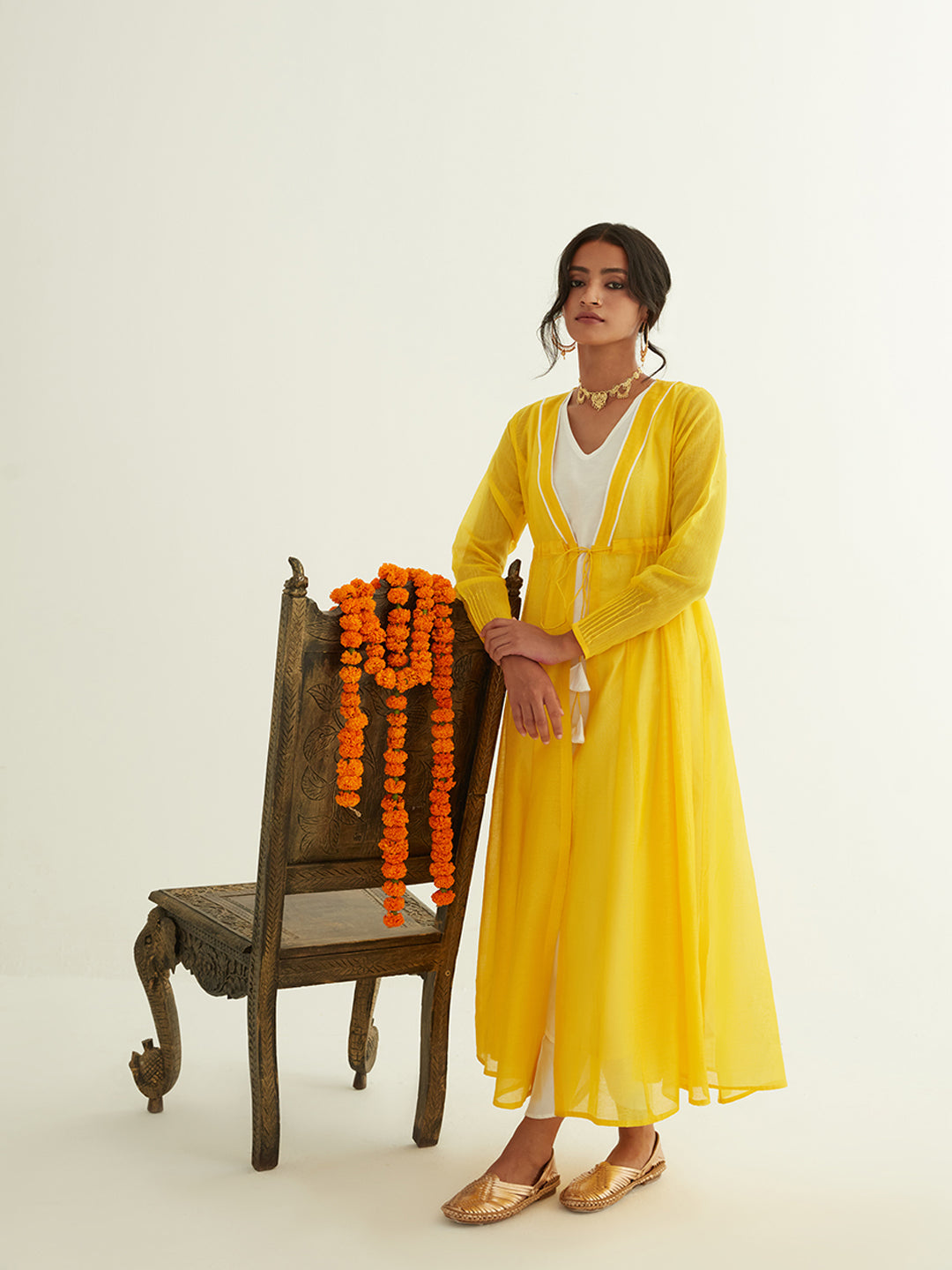 Panelled chanderi jacket & kurta with dori tie-up paired with tulip pants