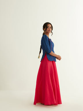 Short kurti with pointed U-neck paired with circular skirt