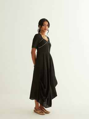 Banarasi flared cowl dress with golden highlights