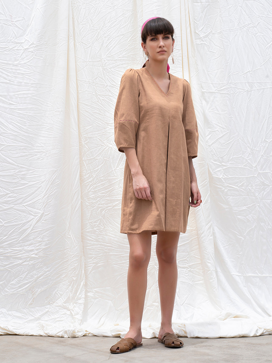 Brown Mangalgiri Box Pleated Dress