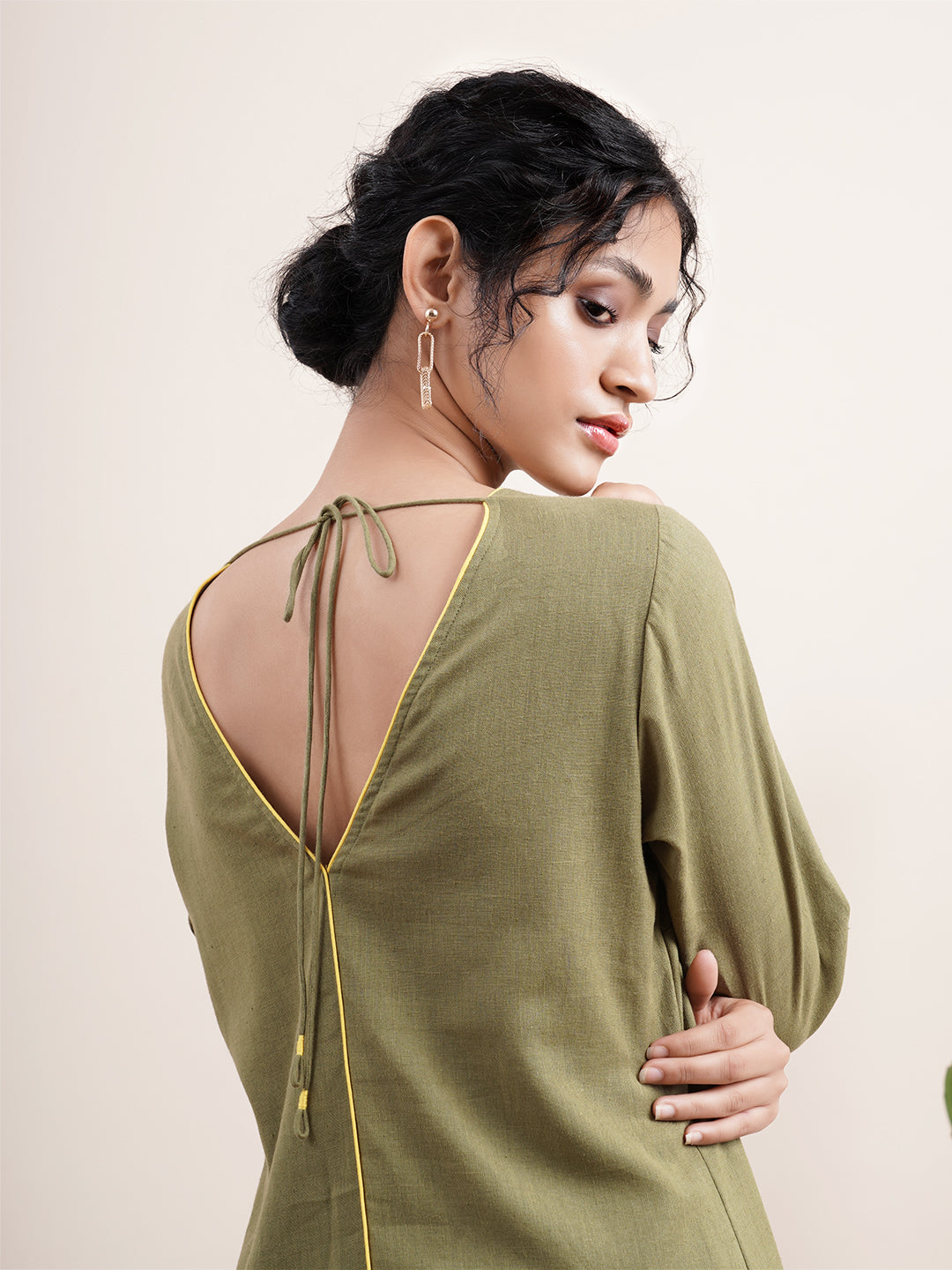 Olive Kurta with detailed back V-Neck