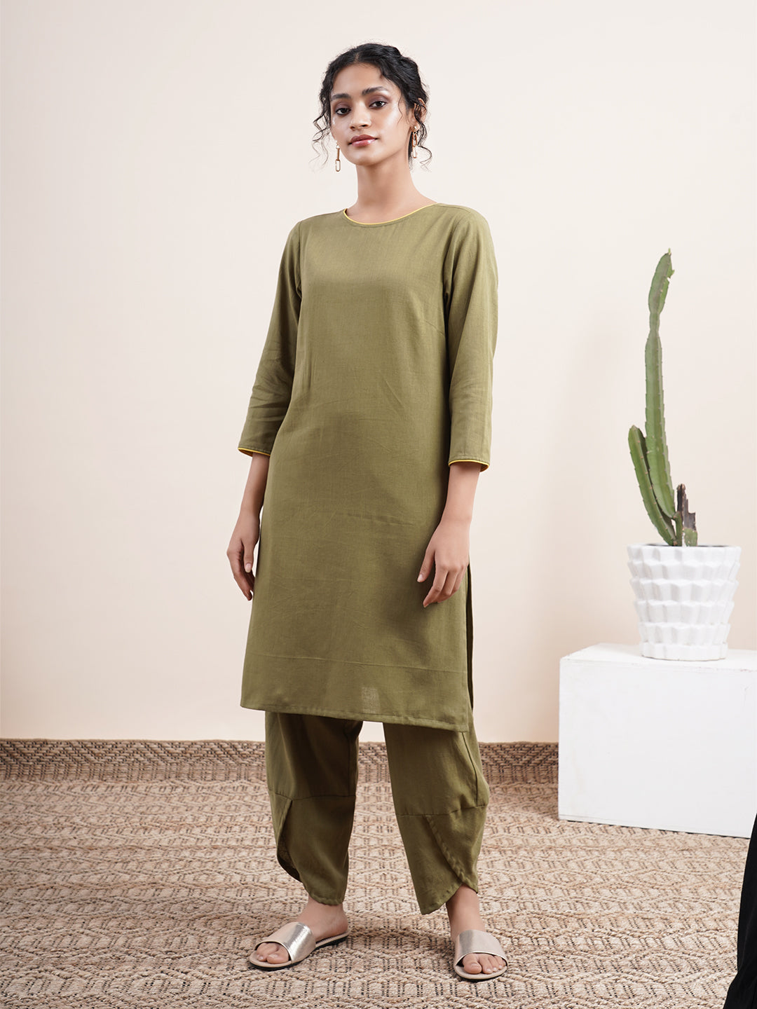 Olive Kurta with detailed back V-Neck