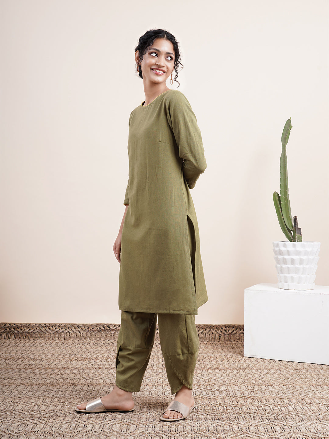 Olive Kurta with detailed back V-Neck