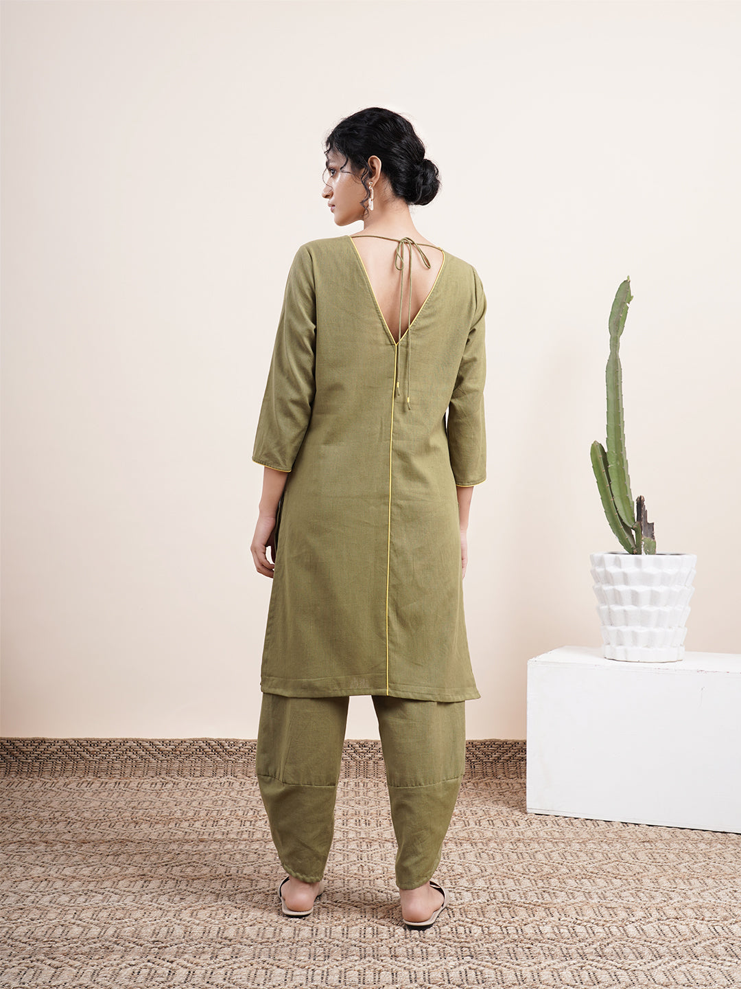 Olive Kurta with detailed back V-Neck