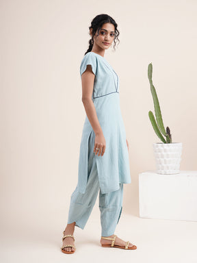Sky Blue Drop shoulder Kurta with contrast piping