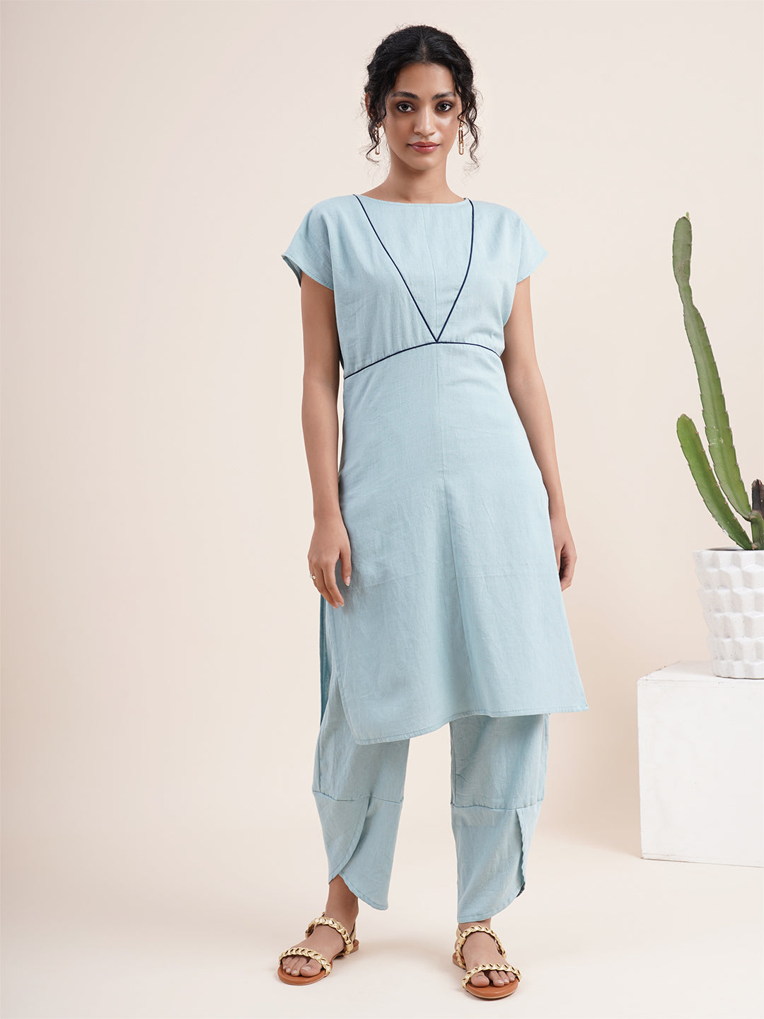 Sky Blue Drop shoulder Kurta with contrast piping