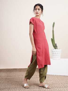 Maroon Drop shoulder Kurta with contrast piping