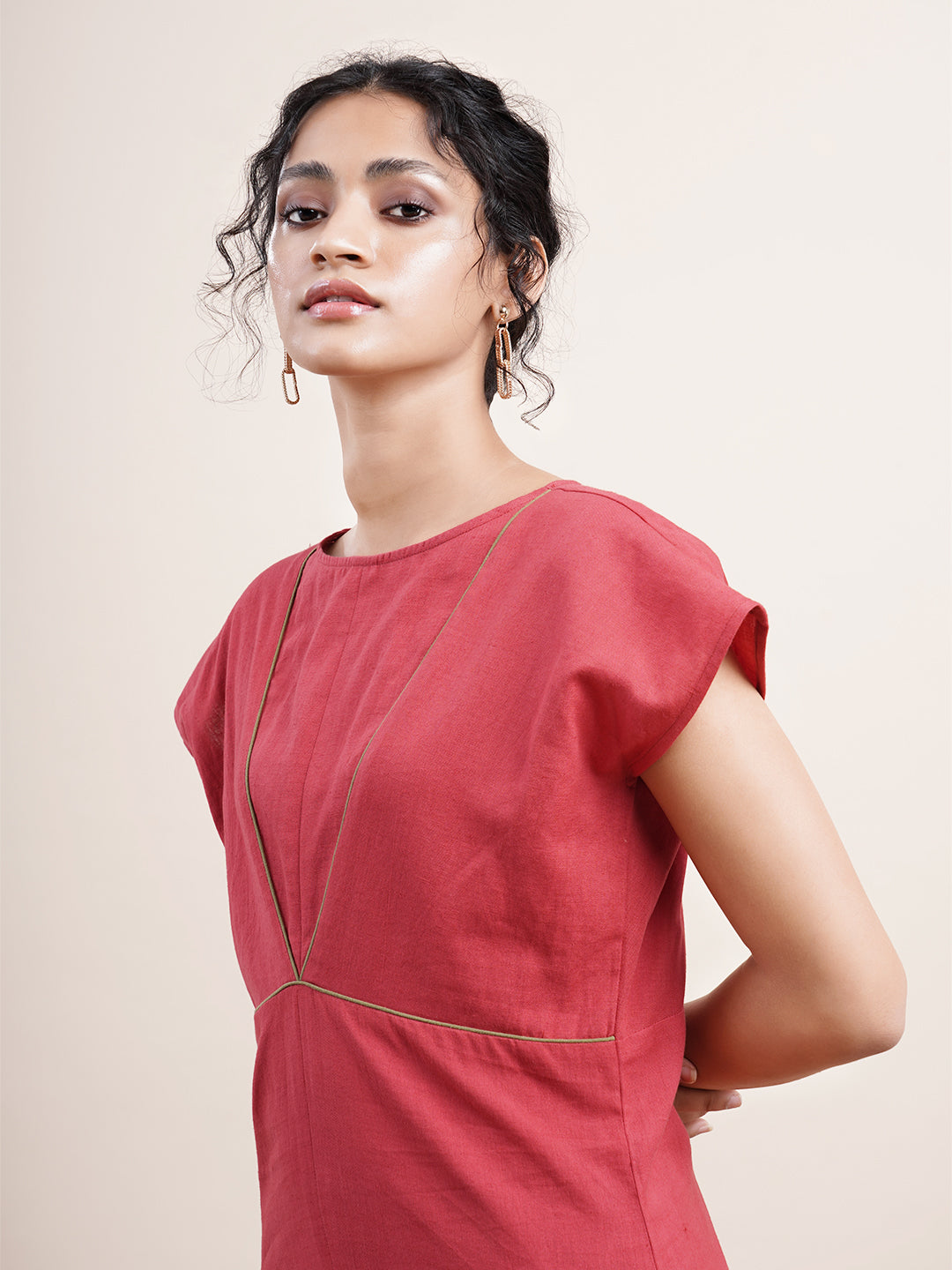 Maroon Drop shoulder Kurta with contrast piping