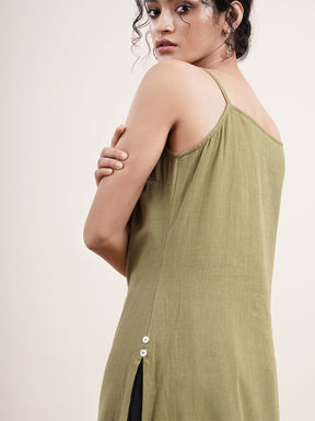 Olive Strappy kurta with button details on side slit