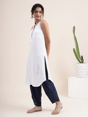WhiteHalter neck Kurta with crossed back detail