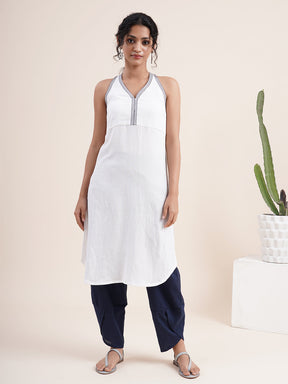 WhiteHalter neck Kurta with crossed back detail