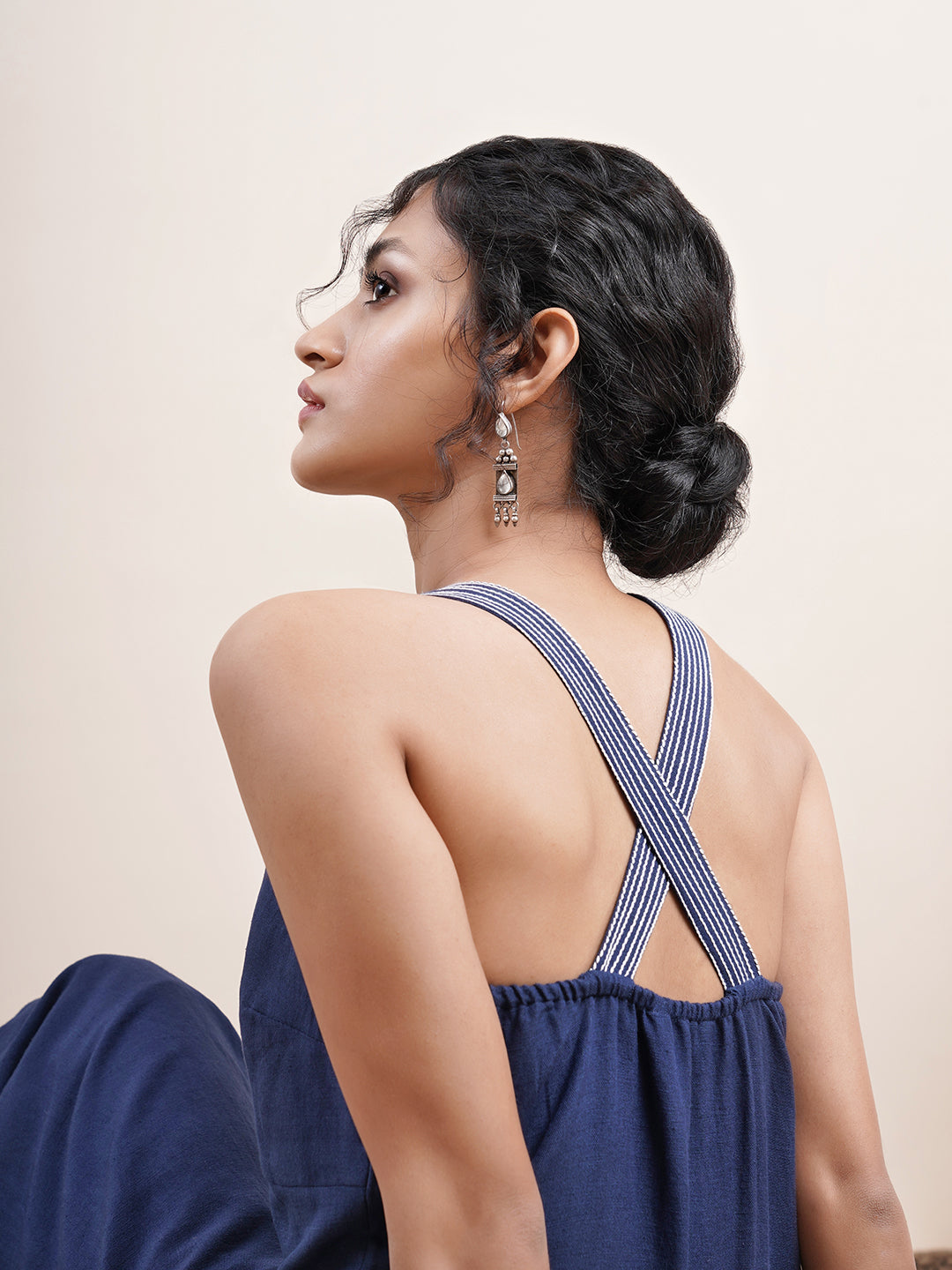 Navy Blue Halter neck Kurta with crossed back detail