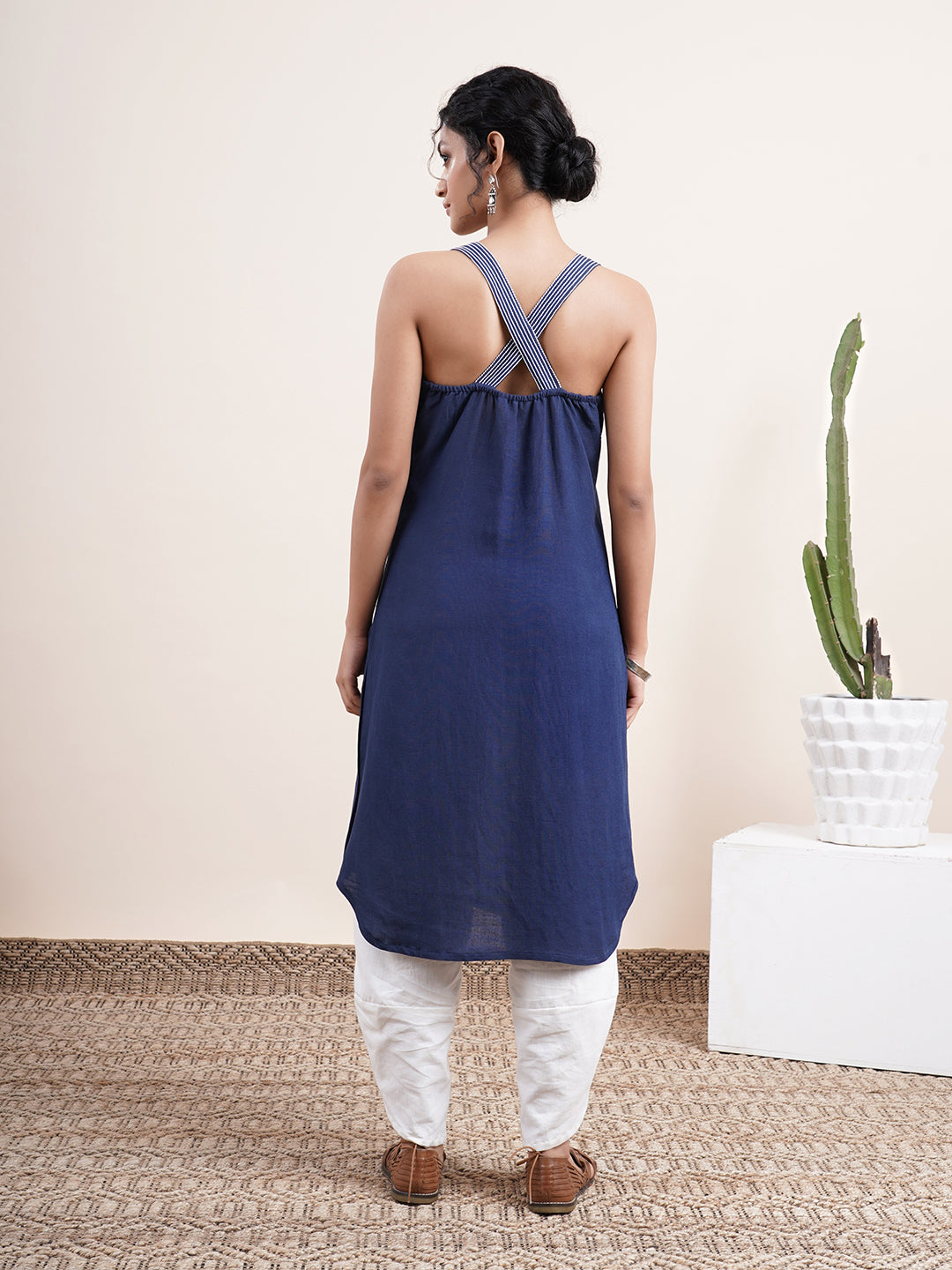 Navy Blue Halter neck Kurta with crossed back detail