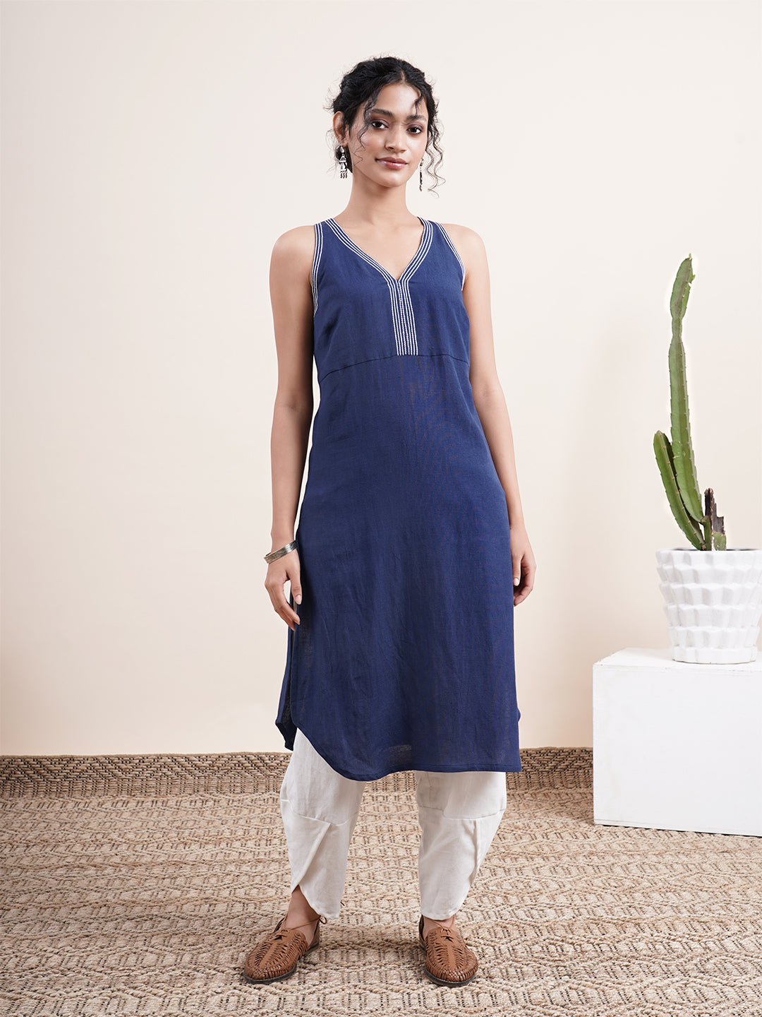 Navy Blue Halter neck Kurta with crossed back detail