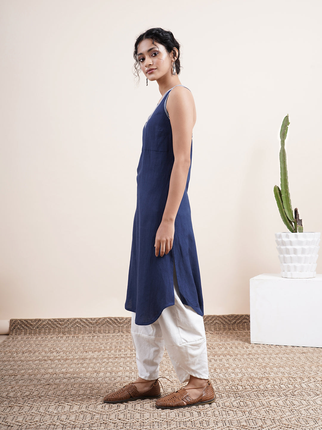 Navy Blue Halter neck Kurta with crossed back detail