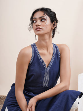 Navy Blue Halter neck Kurta with crossed back detail