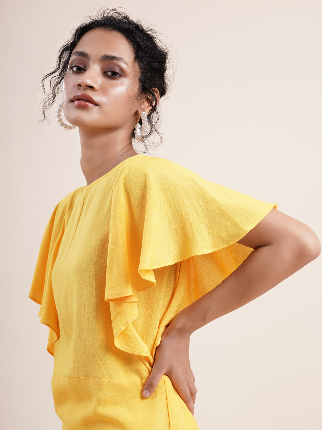 Yellow Butterfly sleeved kurta in rayon flax